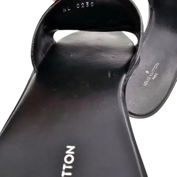 Louis Vuitton Lock It Flat Slide Sandal Black Leather Gold LV Logo Size 38 US 8 - Picture 11 of 12